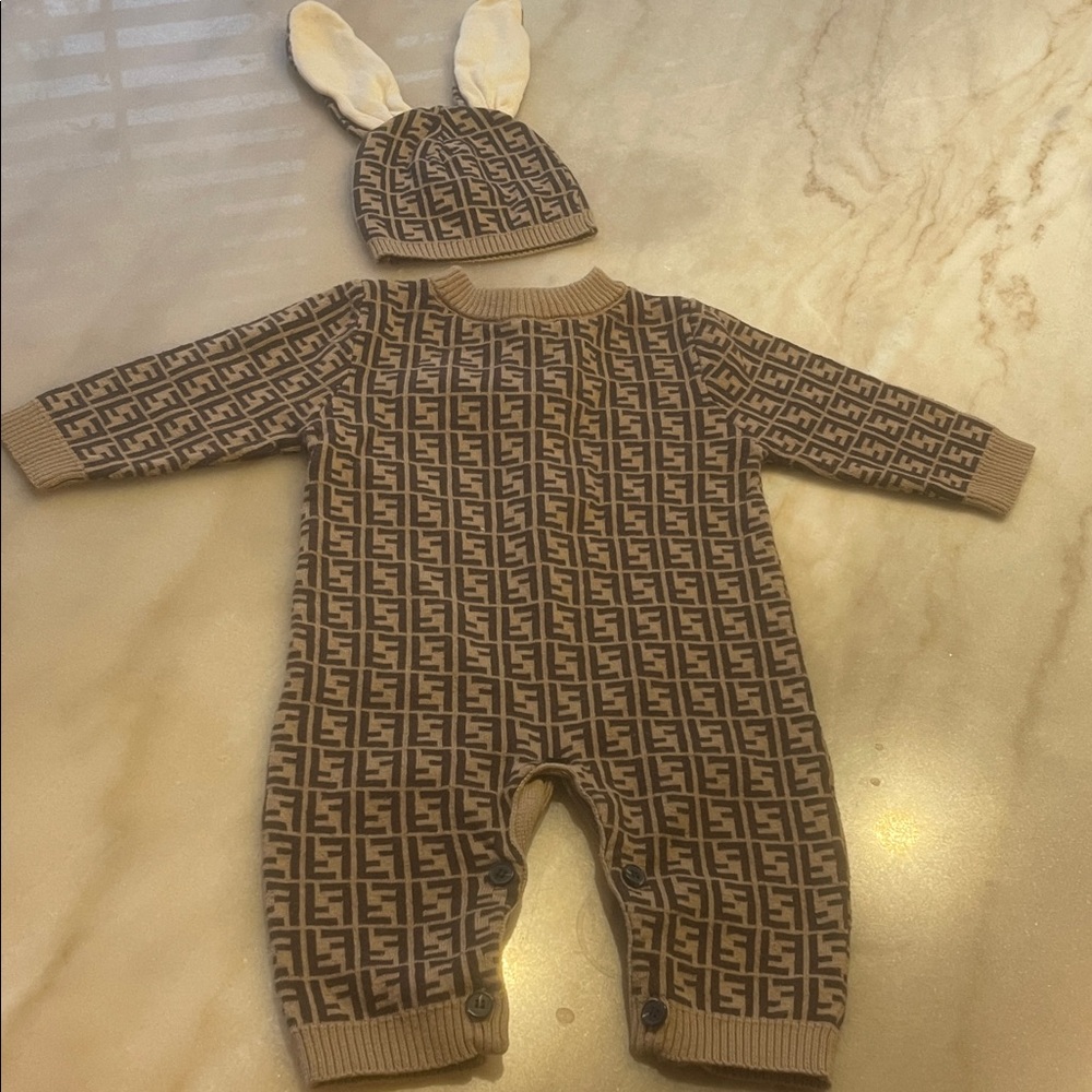 Fendi Brown Monogram Kids One Piece with Bunny Ear Hat
